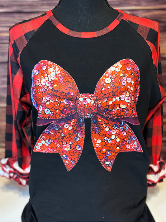 Faux Sequin 3/4 Ruffle Buffalo Plaid Valentine's Day Shirt