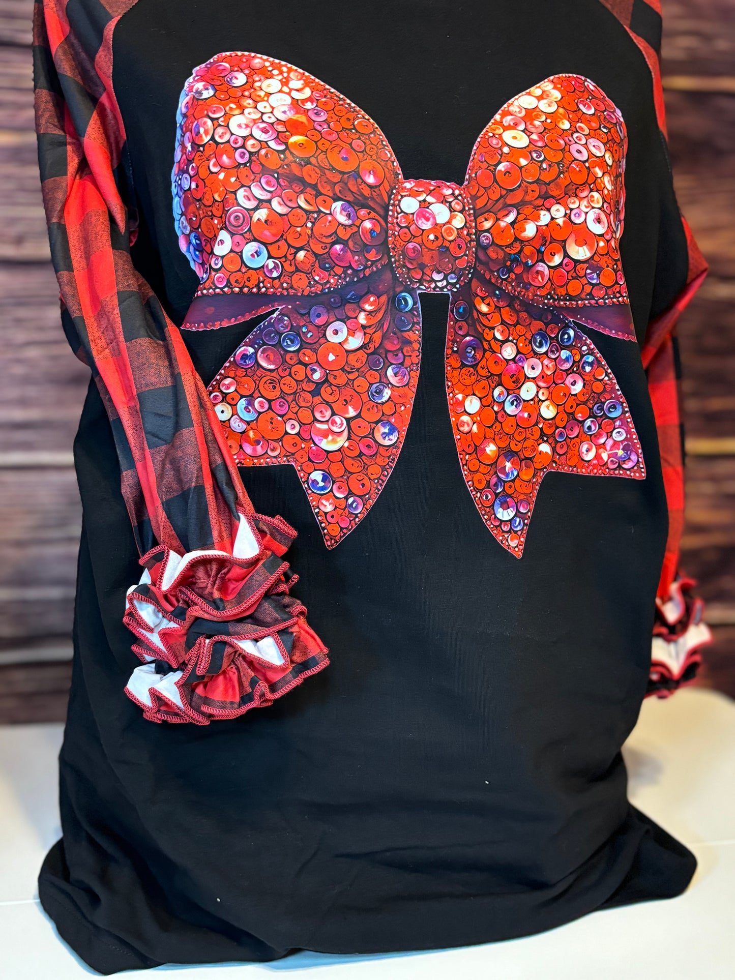 Faux Sequin 3/4 Ruffle Buffalo Plaid Valentine's Day Shirt