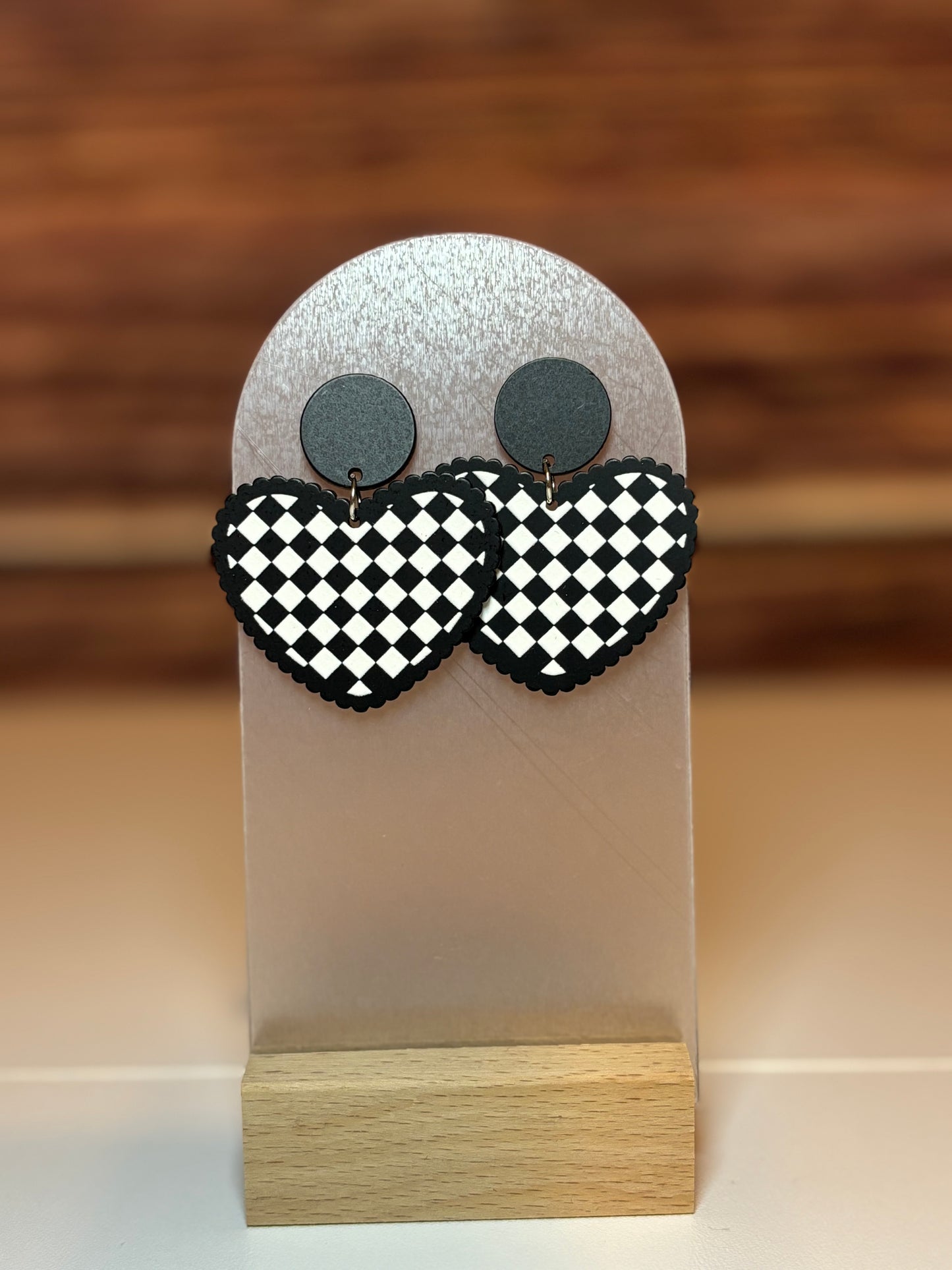 Black & White Checkerboard Heart Dangle Earrings