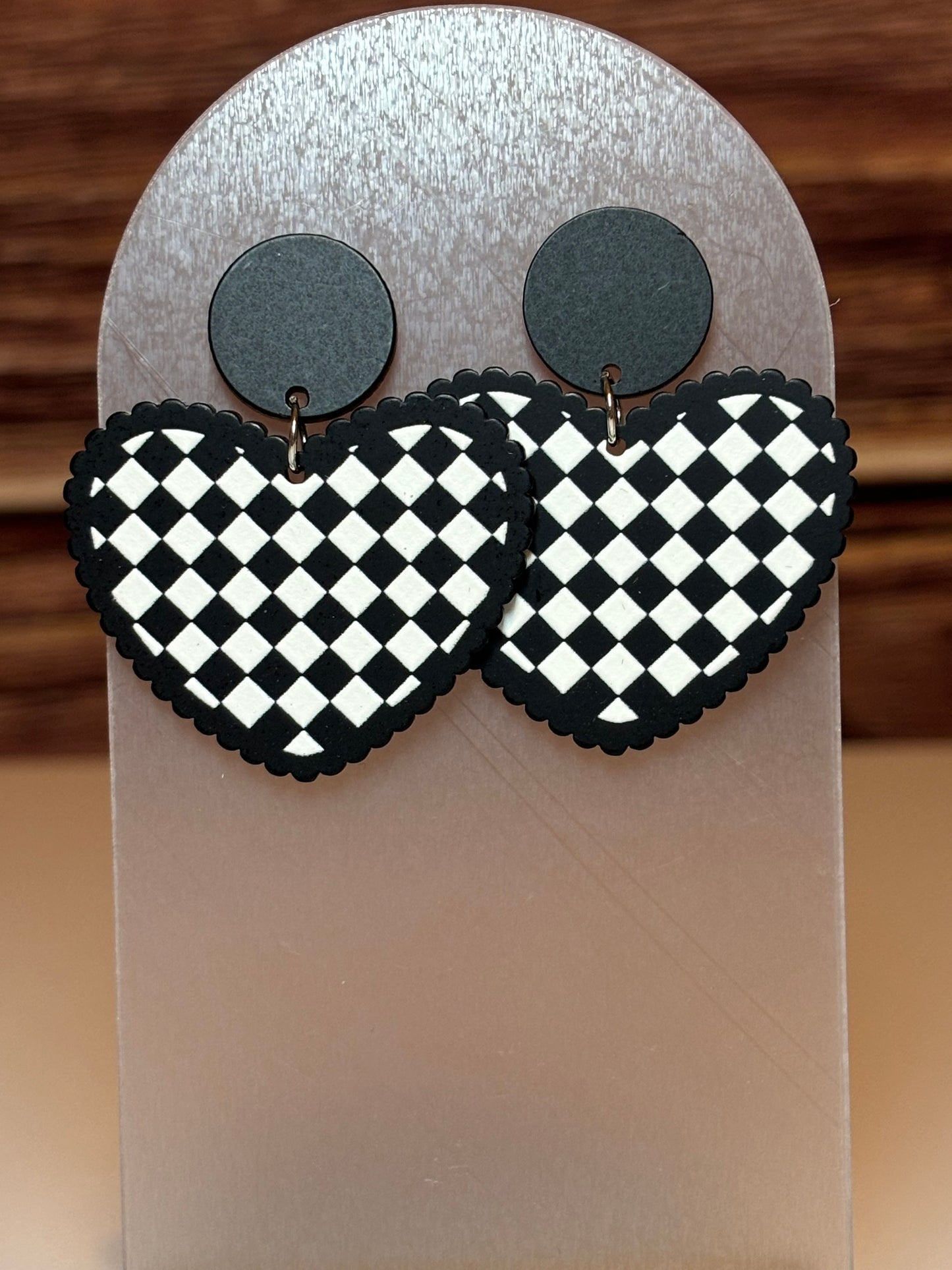 Black & White Checkerboard Heart Dangle Earrings
