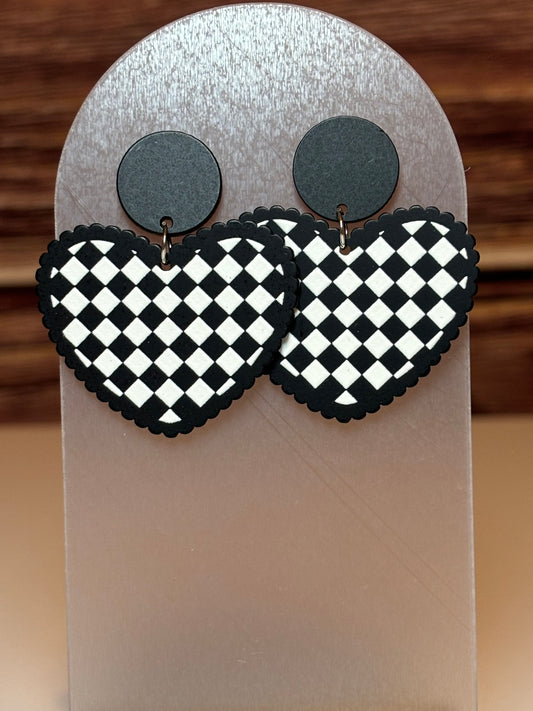 Black & White Checkerboard Heart Dangle Earrings