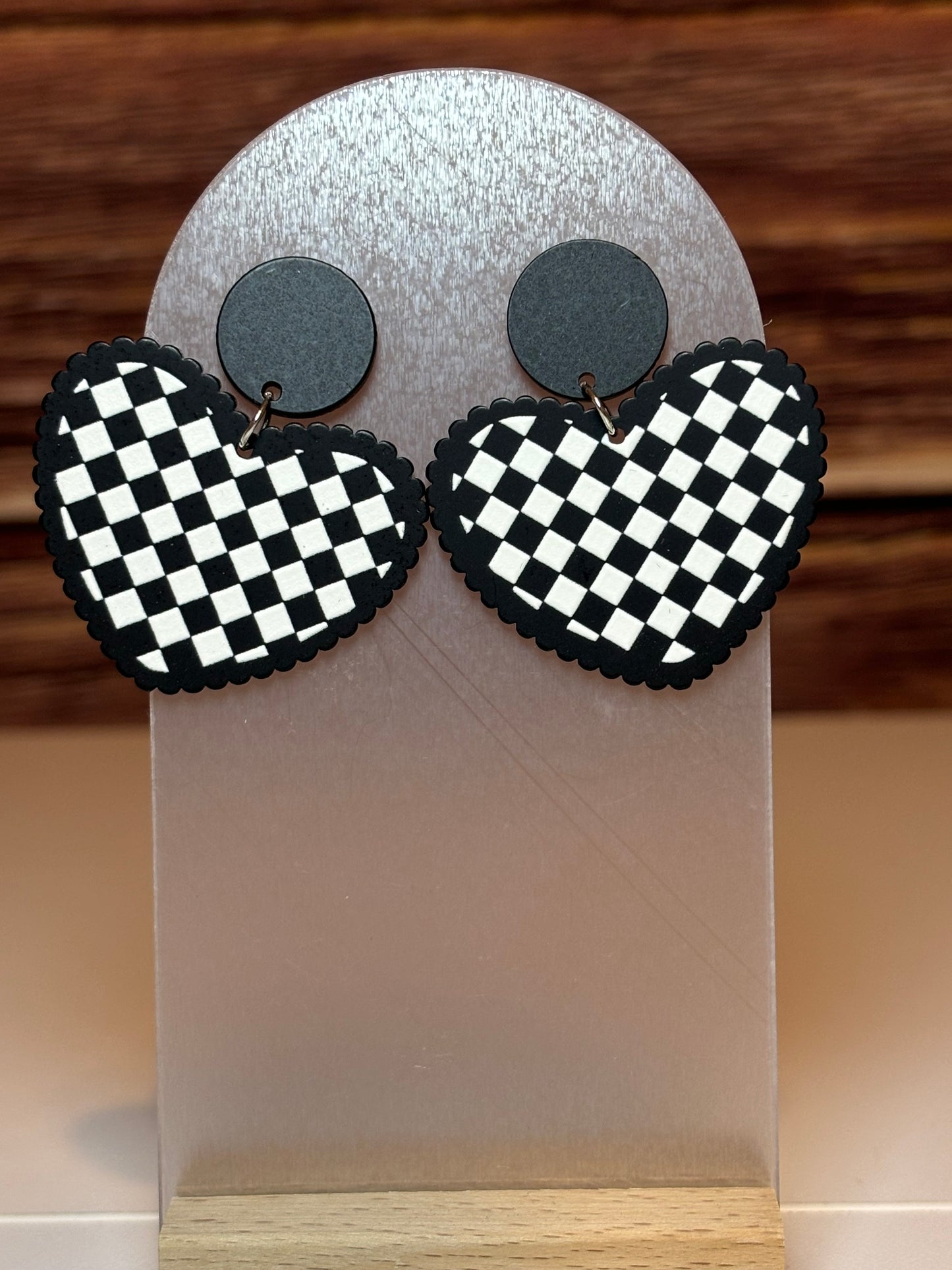 Black & White Checkerboard Heart Dangle Earrings