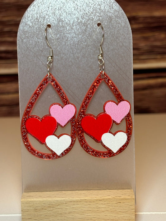 ❤️ Glitter Heart Teardrop Earrings – Red & Pink