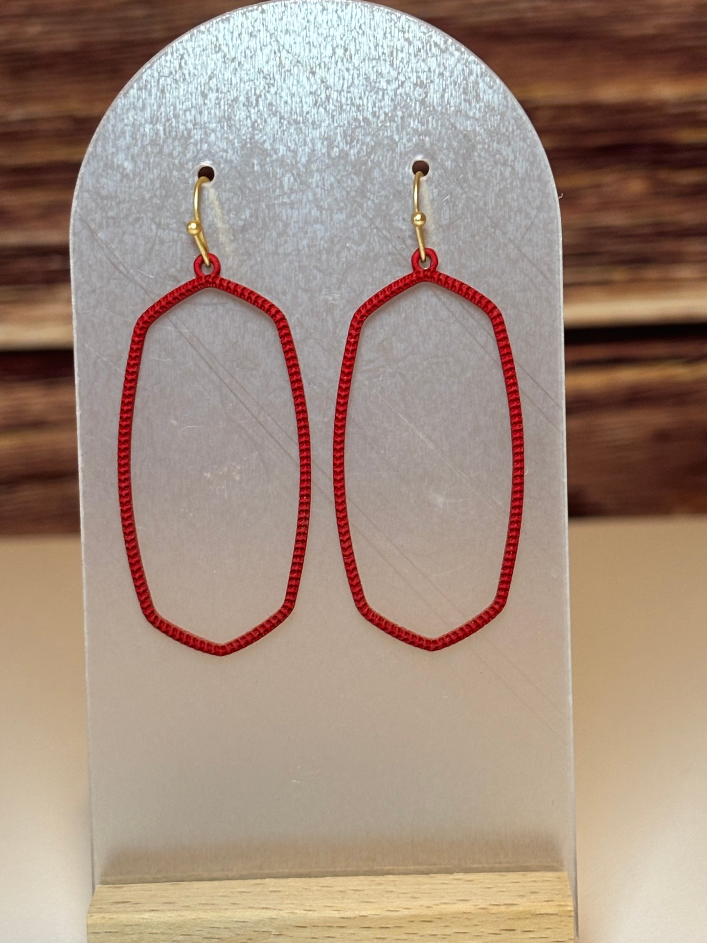 Red Textured Open Oval Dangle Earrings