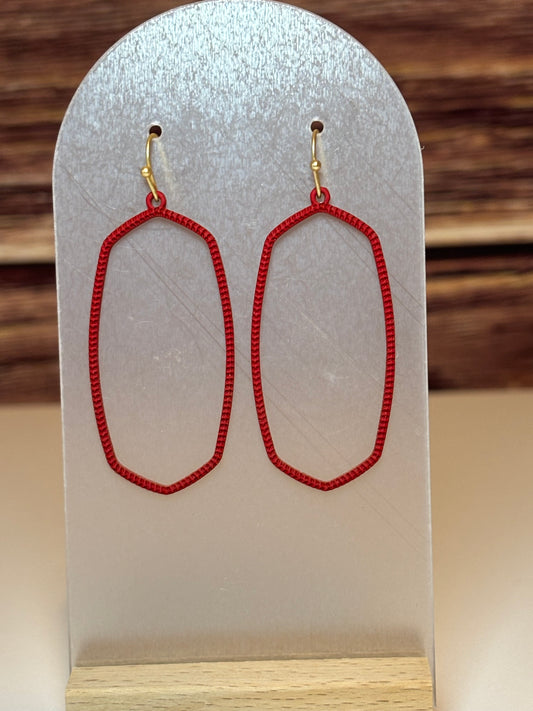 Red Textured Open Oval Dangle Earrings