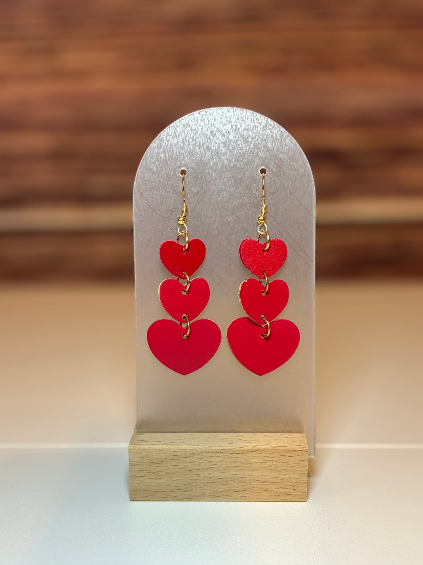 Triple Heart Dangle Earrings – Red Faux Leather