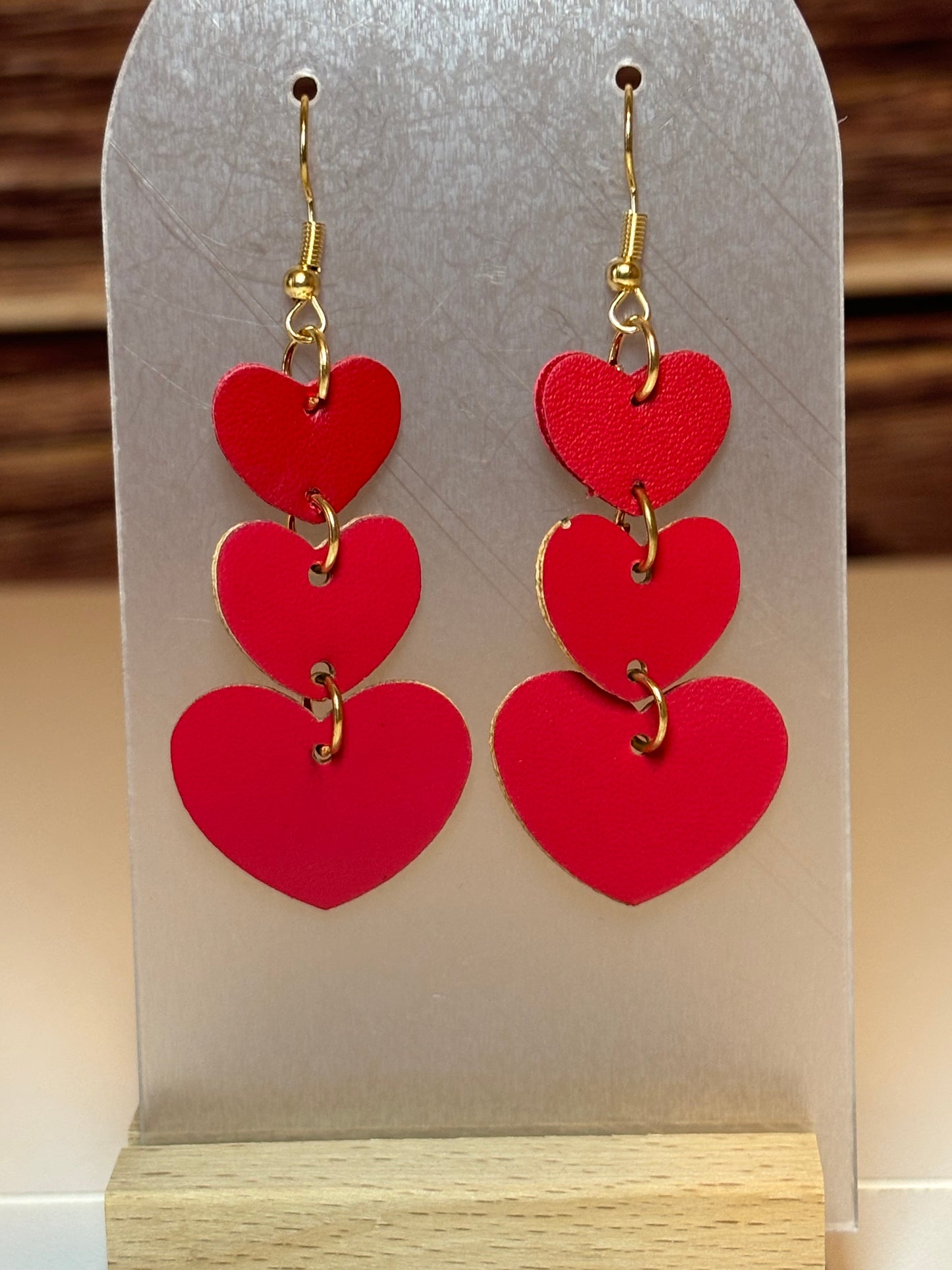 Triple Heart Dangle Earrings – Red Faux Leather