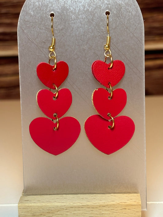 Triple Heart Dangle Earrings – Red Faux Leather