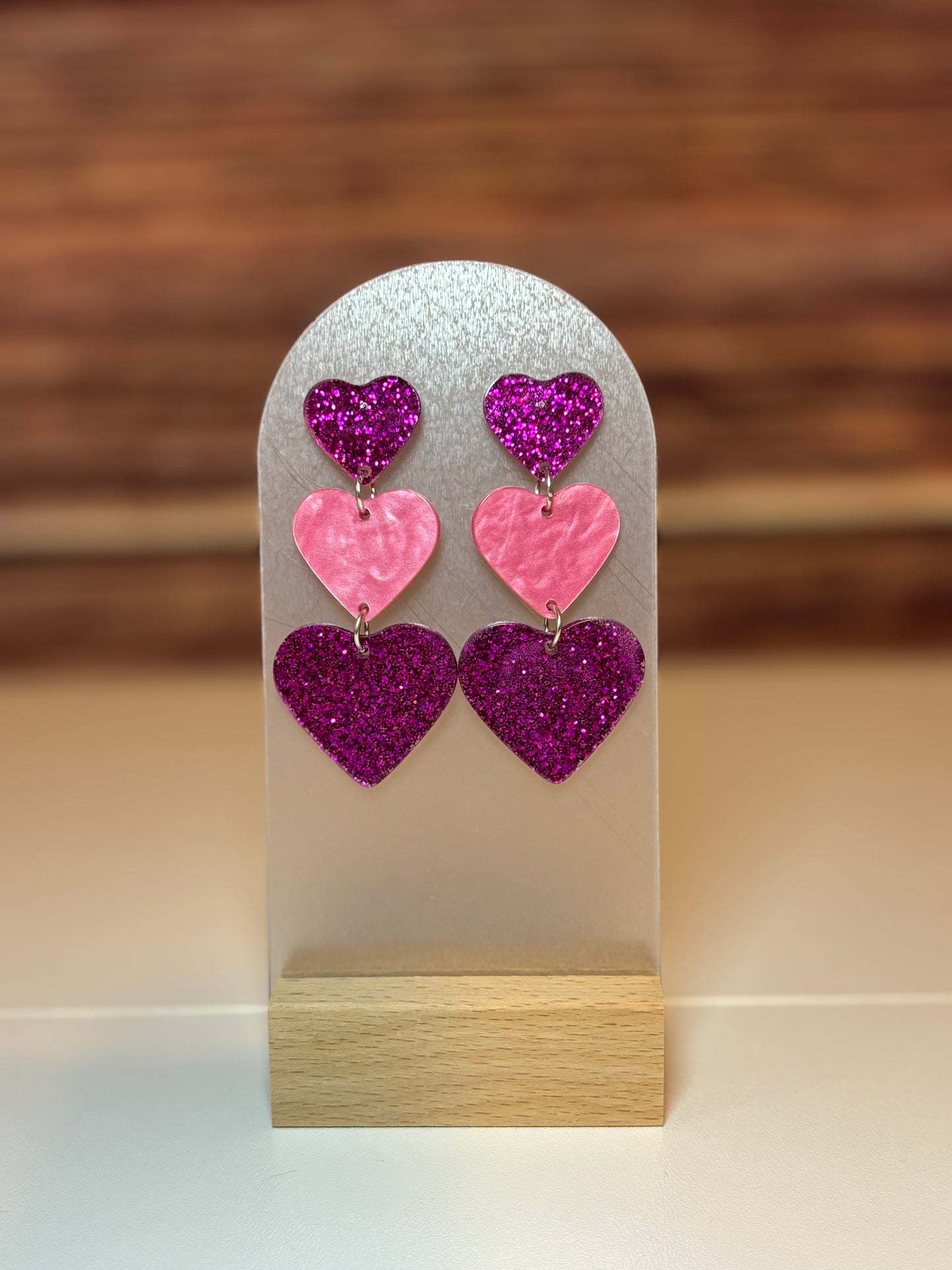 Triple Heart Dangle Earrings – Pink & Magenta Glitter Acrylic
