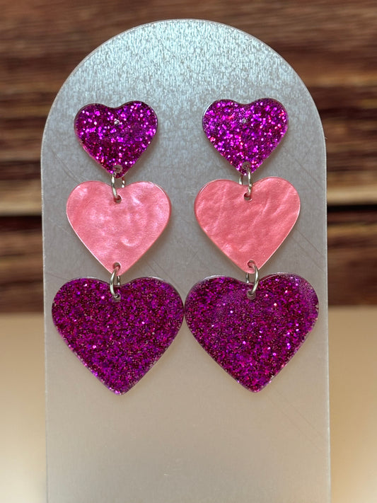 Triple Heart Dangle Earrings – Pink & Magenta Glitter Acrylic