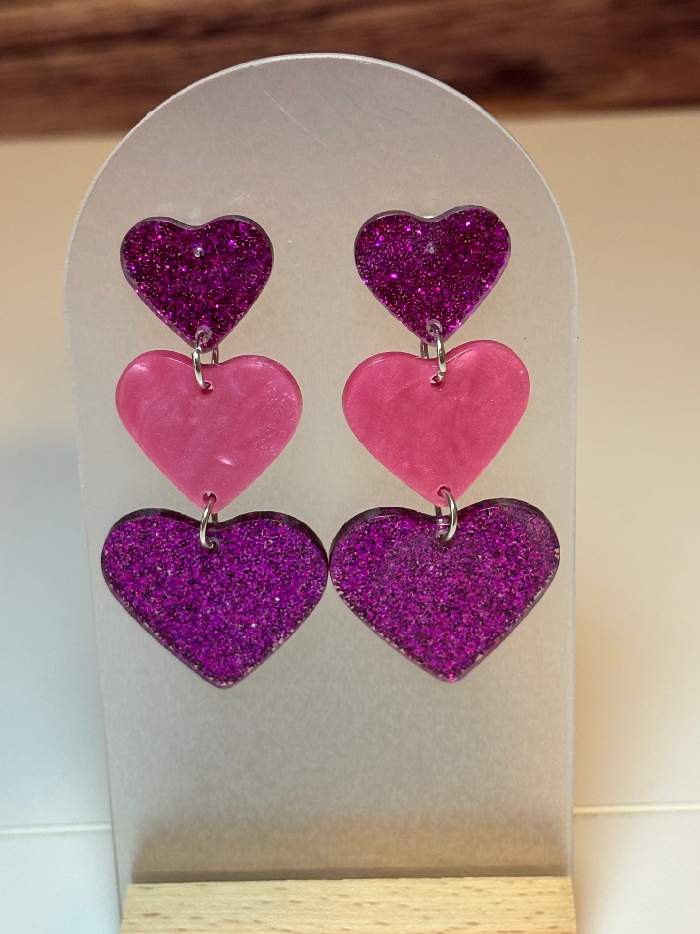 Triple Heart Dangle Earrings – Pink & Magenta Glitter Acrylic