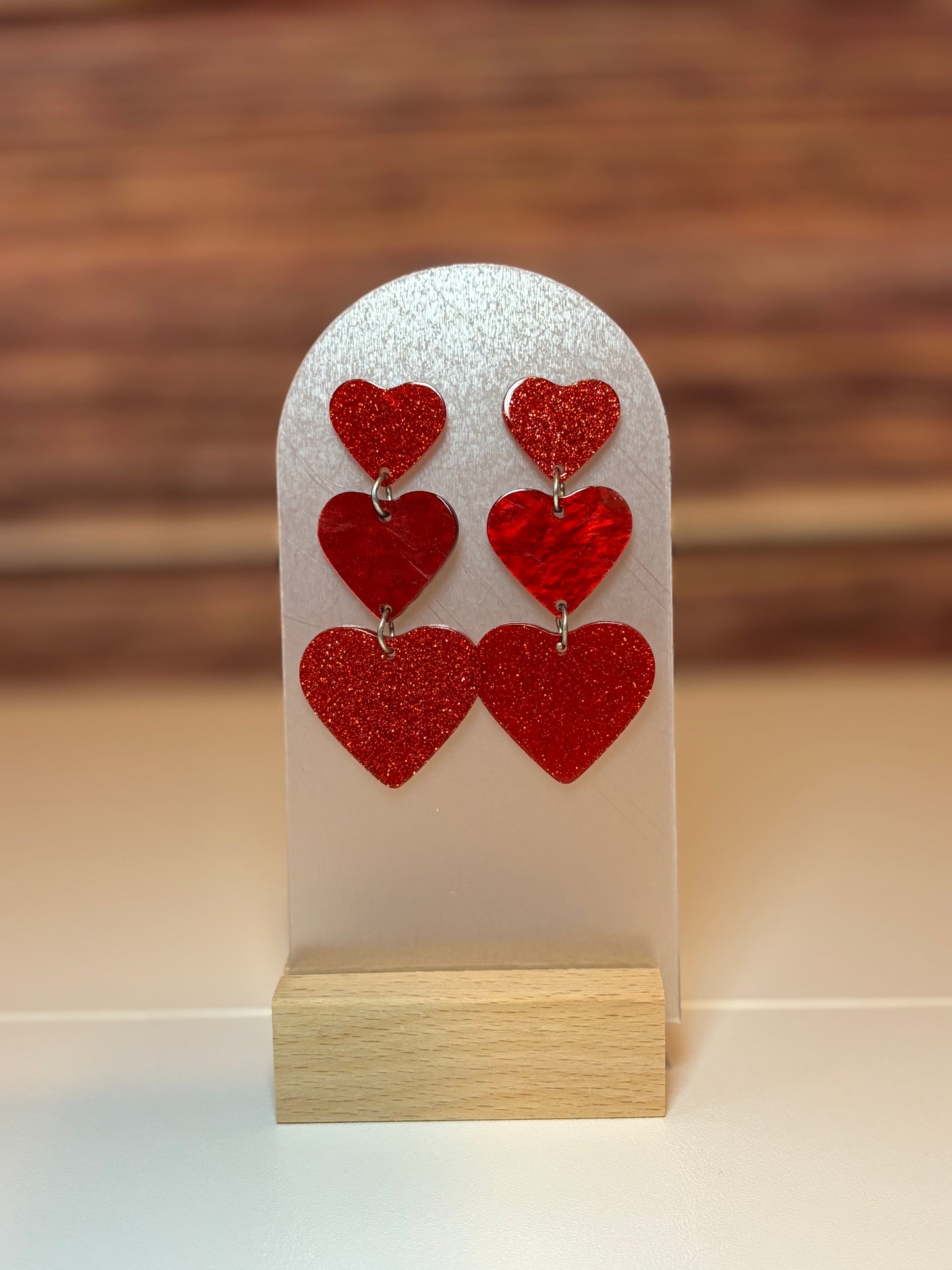 Triple Heart Dangle Earrings – Red Glitter