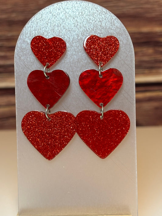 Triple Heart Dangle Earrings – Red Glitter