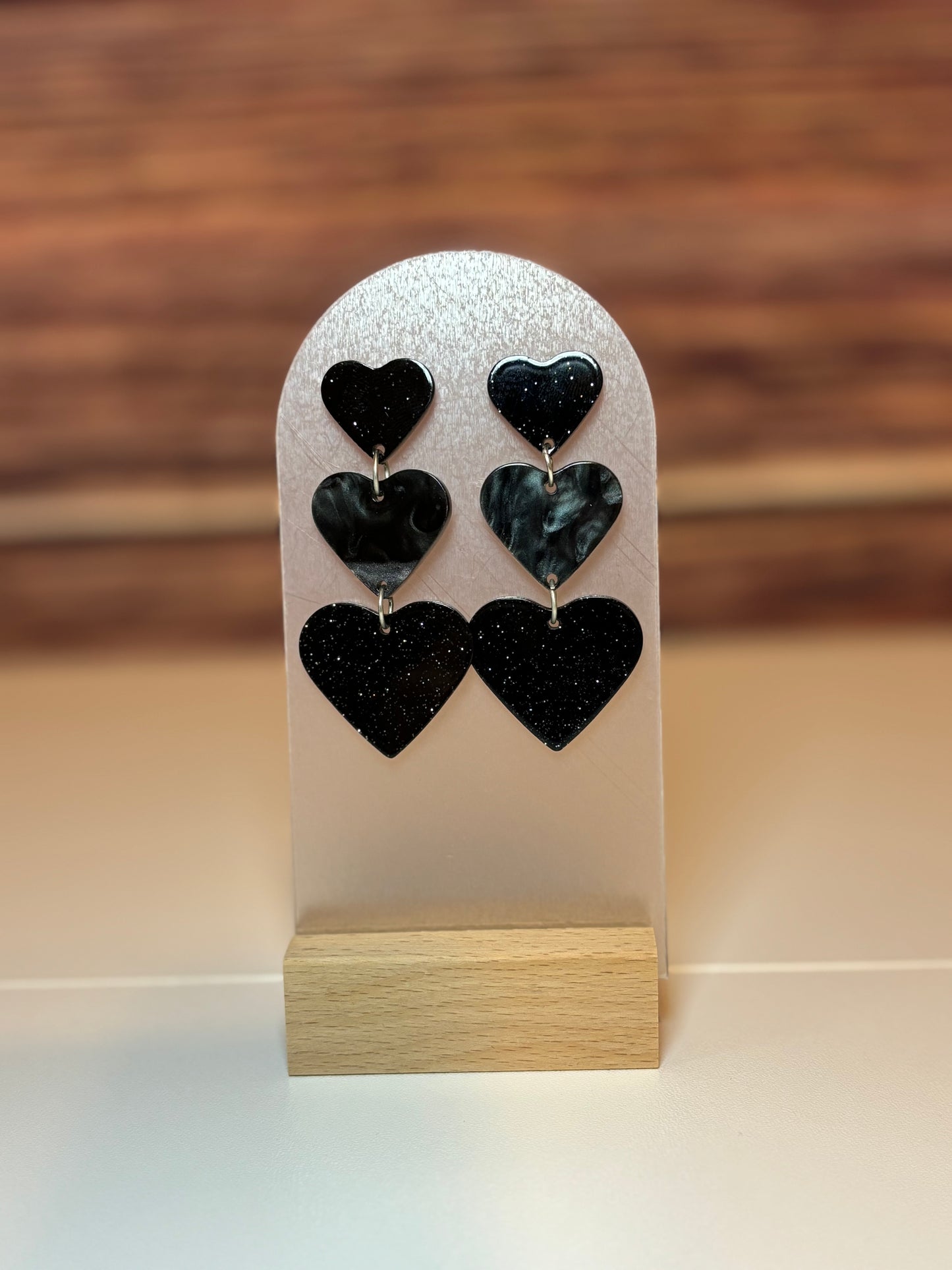 Triple Black Heart Glitter Dangle Earrings
