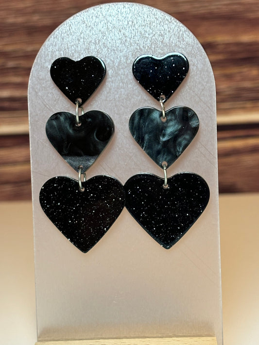Triple Black Heart Glitter Dangle Earrings