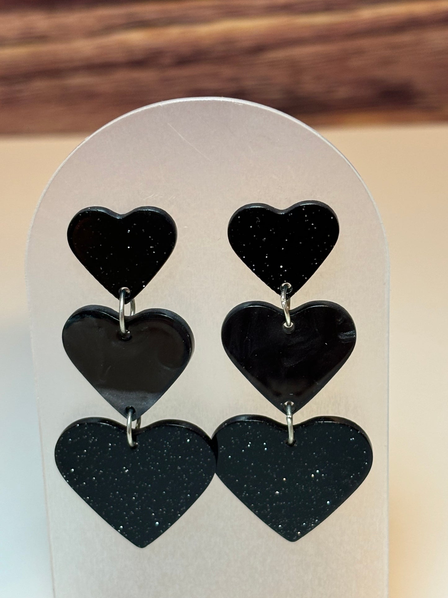 Triple Black Heart Glitter Dangle Earrings