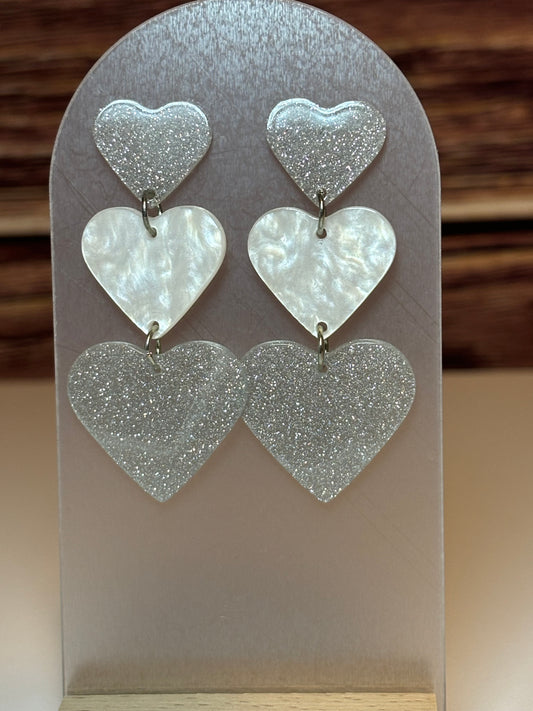 Triple Heart Acrylic Dangle Earrings – Silver Glitter & Pearl White