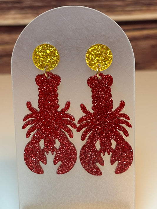 🦞 Red Glitter Crawfish Earrings