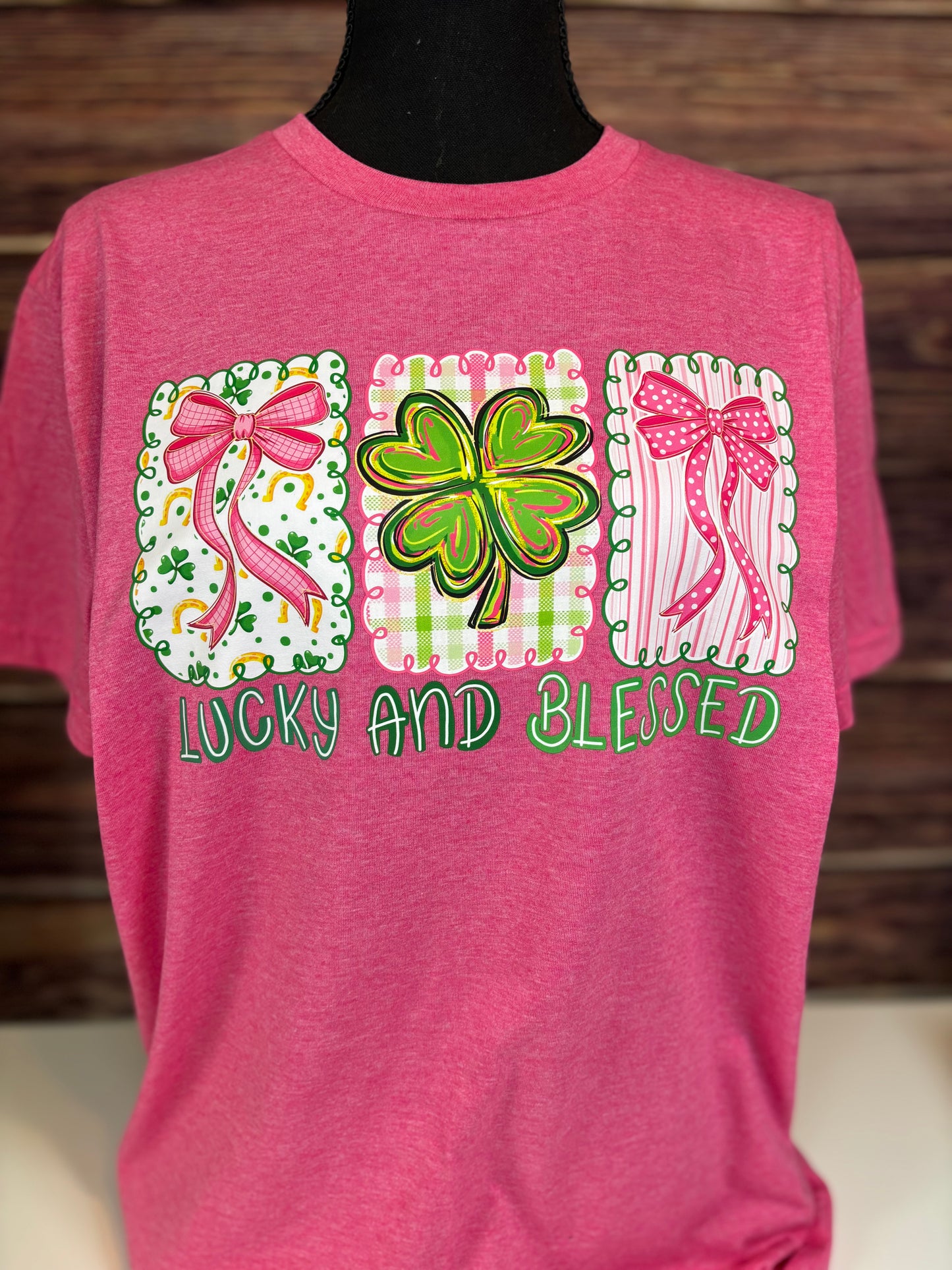 Lucky and Blessed St. Patrick’s Day Graphic Tee – Pink Clover Shamrock Women’s T-Shirt