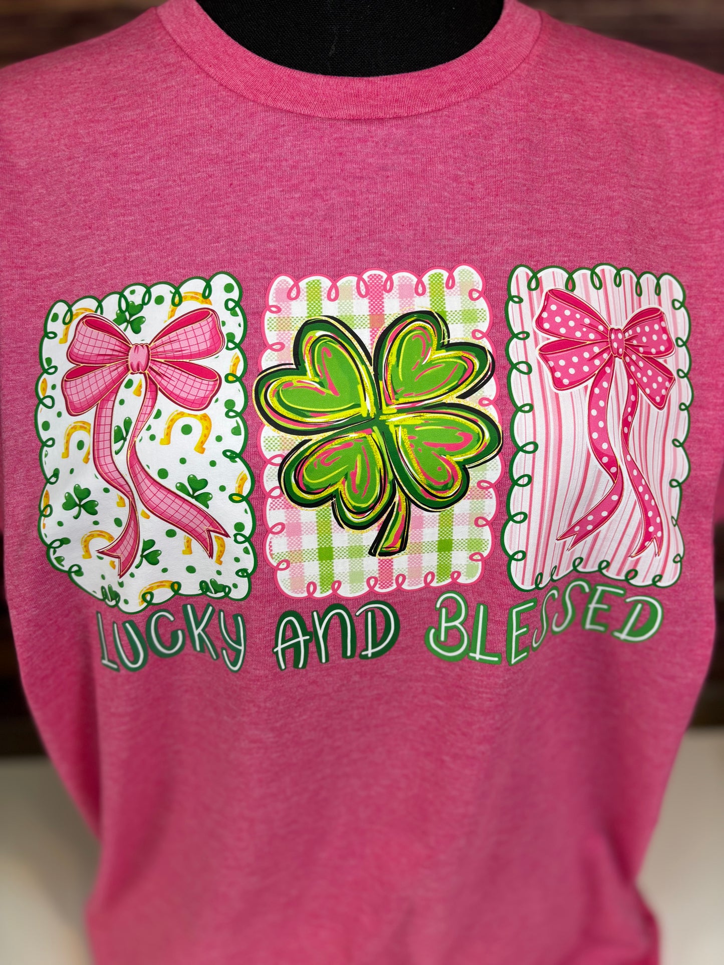 Lucky and Blessed St. Patrick’s Day Graphic Tee – Pink Clover Shamrock Women’s T-Shirt