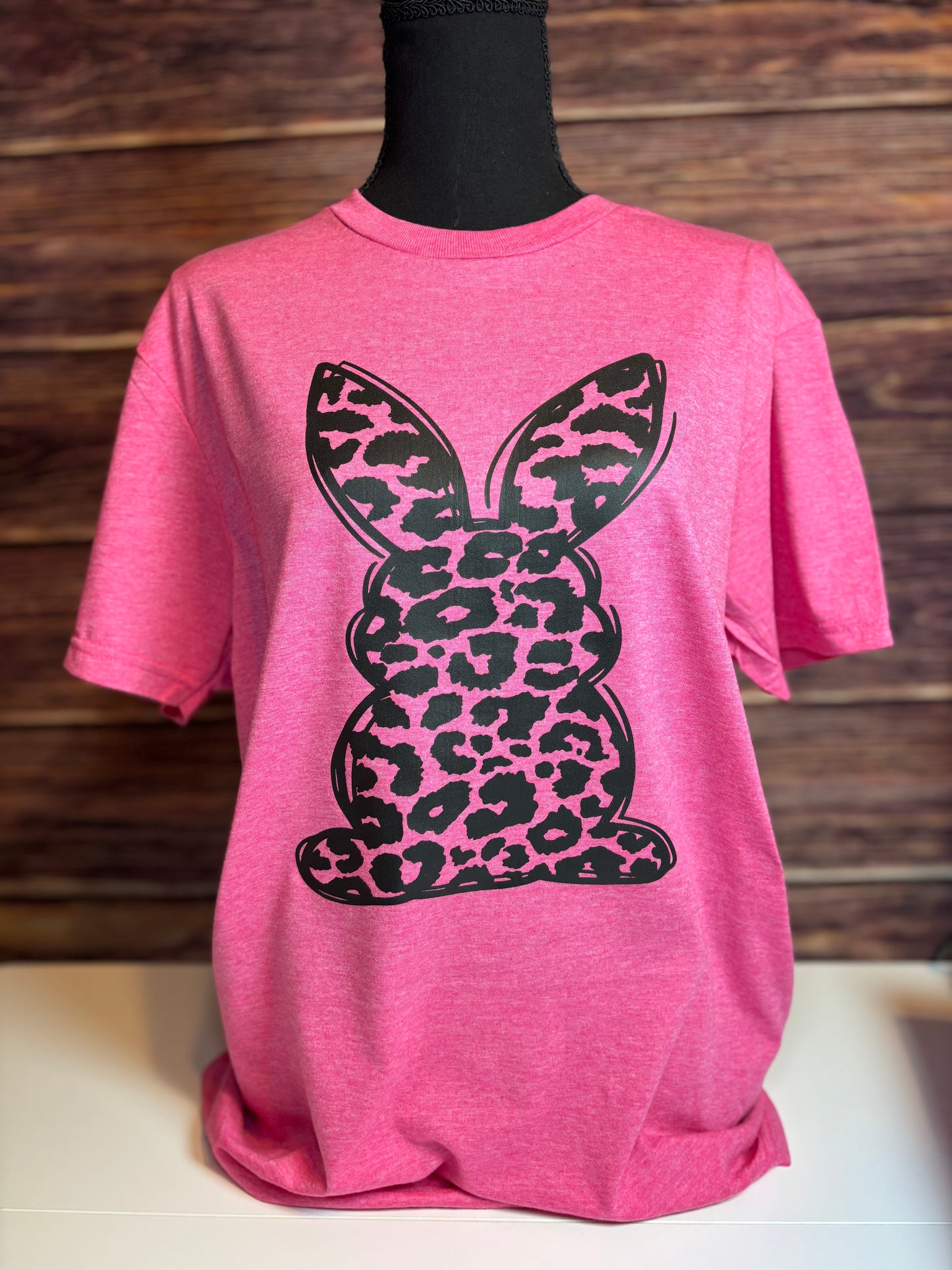 Leopard Print Bunny Shirt | Heathered Pink Graphic Tee for Women