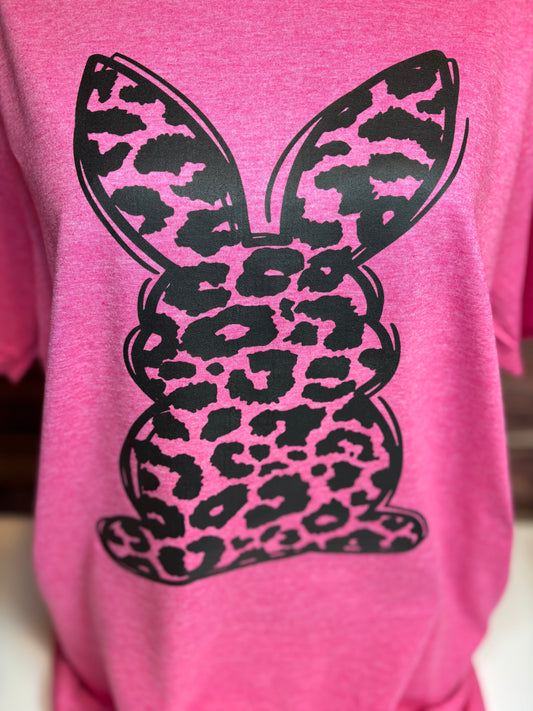 Leopard Print Bunny Shirt | Heathered Pink Graphic Tee for Women