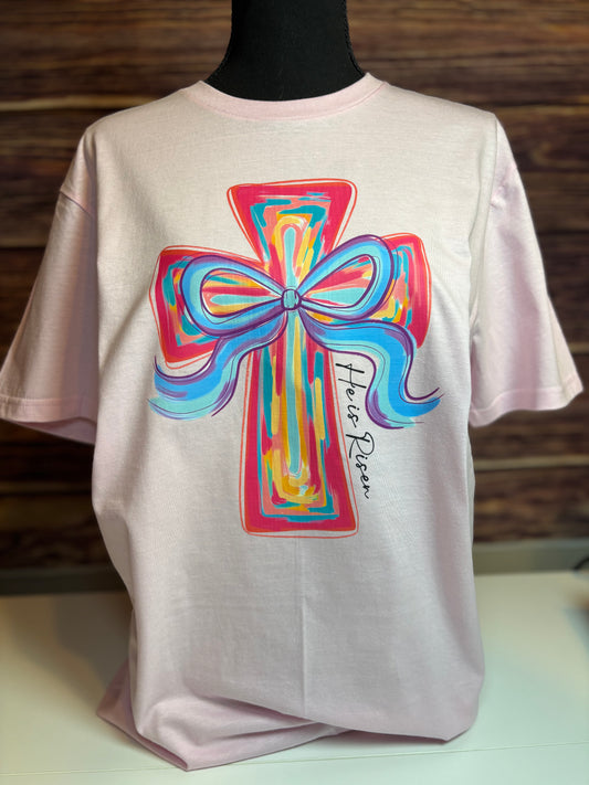 He Is Risen Colorful Cross Bow Graphic Tee – Christian Easter Faith T-Shirt