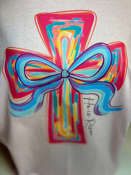 He Is Risen Colorful Cross Bow Graphic Tee – Christian Easter Faith T-Shirt