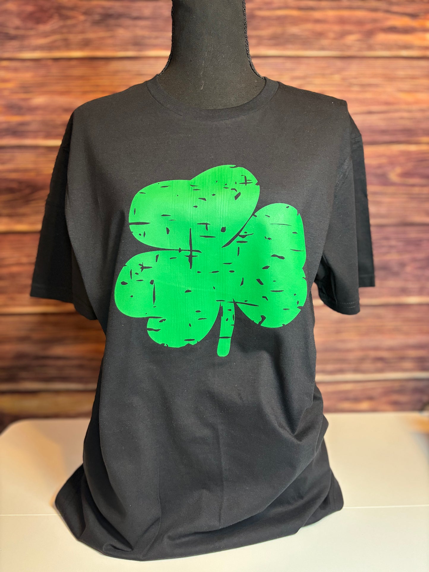 Distressed Green Shamrock Black Tee – St. Paddy’s Day Shirt