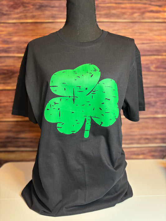 Distressed Green Shamrock Black Tee – St. Paddy’s Day Shirt