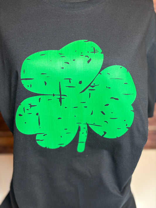 Distressed Green Shamrock Black Tee – St. Paddy’s Day Shirt