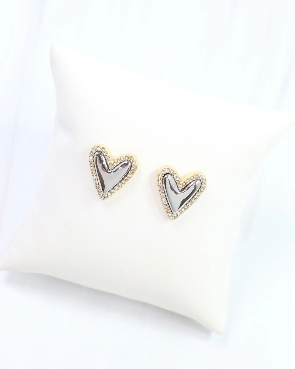 Puff Heart and Crystal Stud Earrings