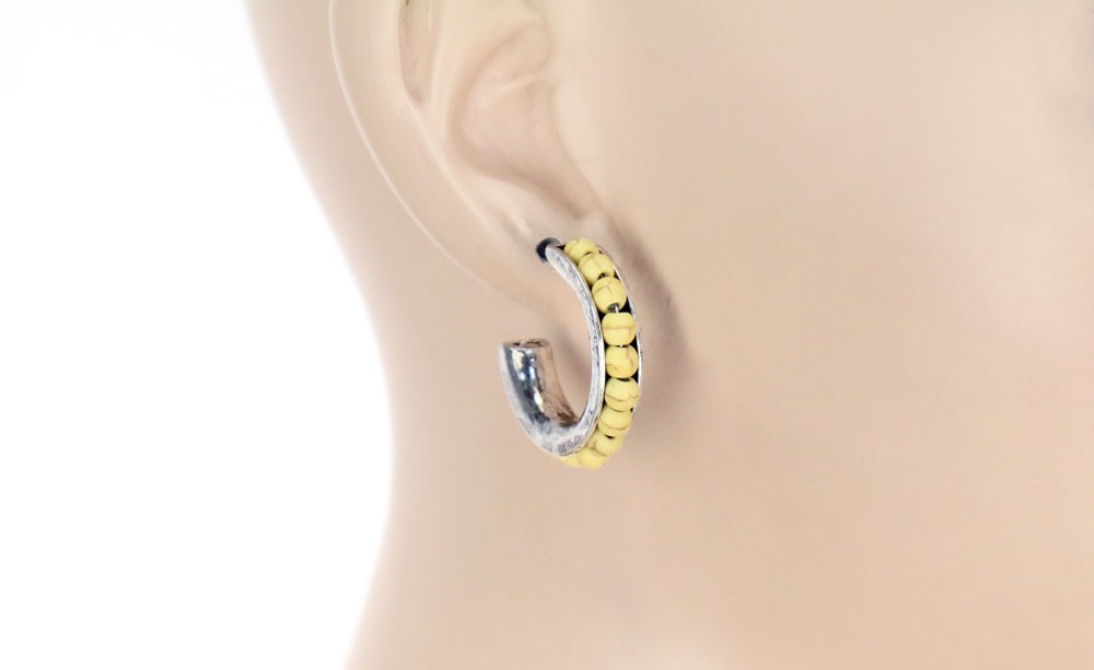 Yellow Round Bead Hoop Earrings