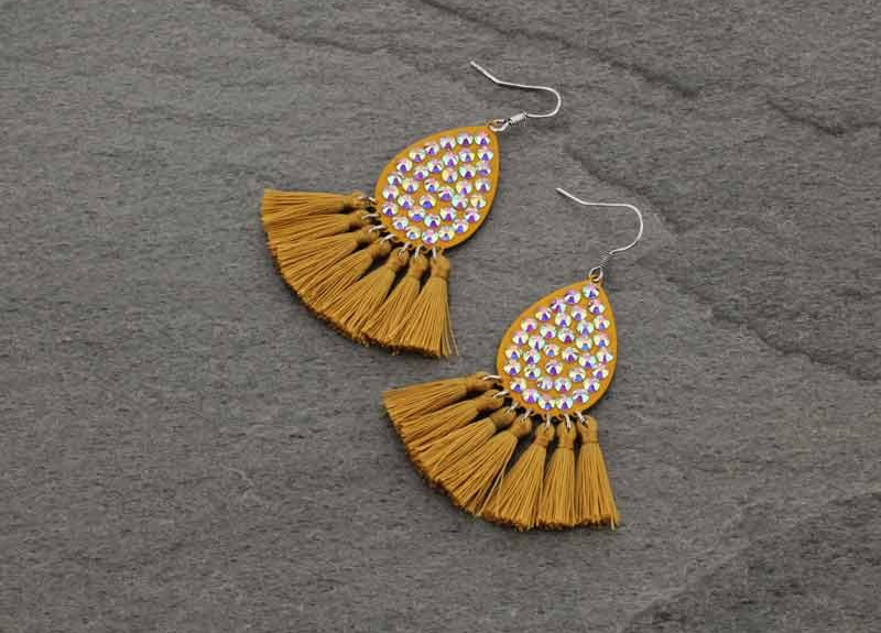 Mustard Tear Drop Tassel Earrings